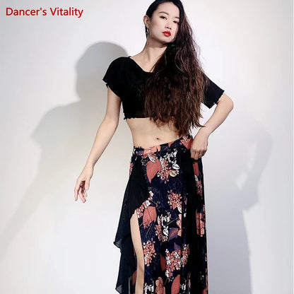 Belly Dance Practice Clothes for Women Belly Dance Suit Mesh Short Sleeves Top+printing Long Skirt Female Oriental Dance Outfit