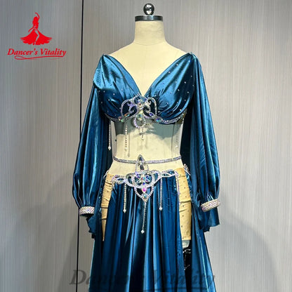 Belly Dance Costume Suit Women's Customized Diamond Long Sleeved Tops+Satin Split Long Skirt Oriental Dance Performance Costumes