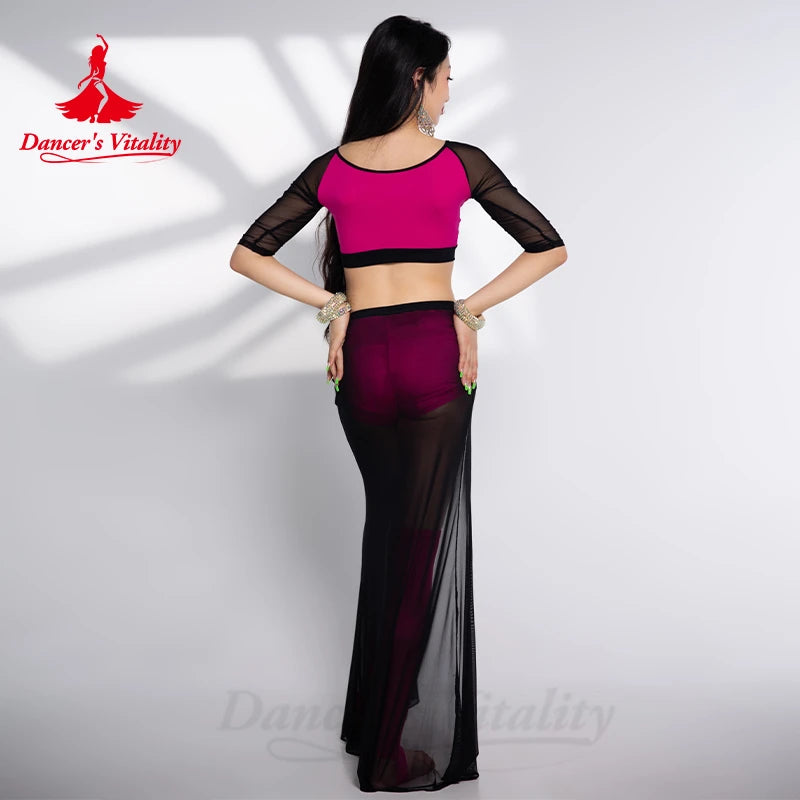 Belly Dance Costume Set for Women Mesh Long Sleeves Top+AB Stones Split Skirt 2pcs Adult Belly Dancing Wer Clothing Outfit