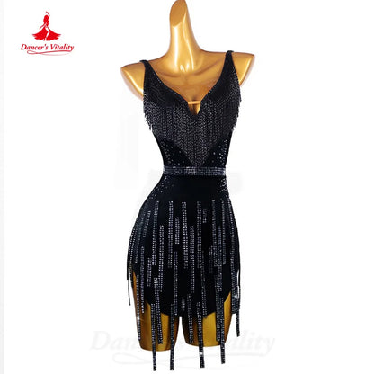 Latin Dancing Dresses Women's Customization Black Sexy Backless Tassel Dress Tango Chacha Samba Professional Performance Costume