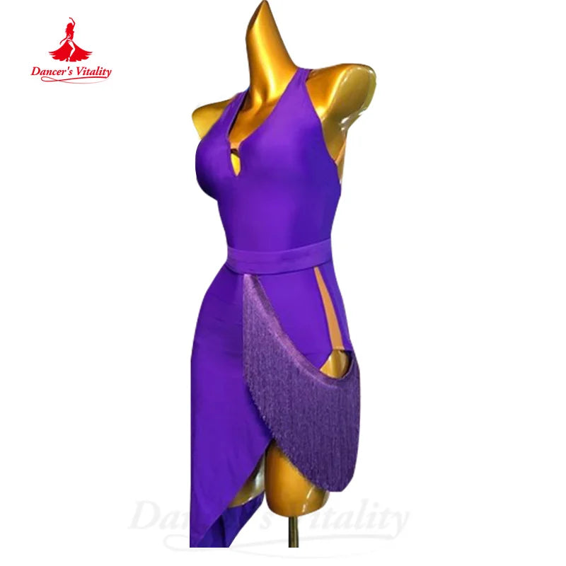 Latin Dance Practice Costume Customized Customized V-neck Sexy Backless Tassel Dress Women Tango Rumba Samba Competition Dresses