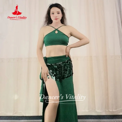 Belly Dance Practice Clothes Top+Skirt+Hip Scarf 3pcs Women's Soft and Comfortable Oriental Dance Clothing Dancer's Vitality