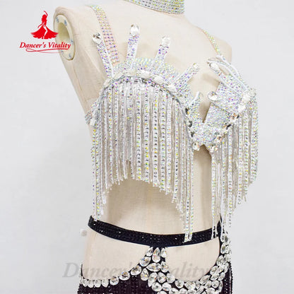 Belly Dancing Set Customized Luxury Rhinestone Tassel Bra+Sexy Split Split Long Skirt 2pcs Oriental Dance Performance Clothing