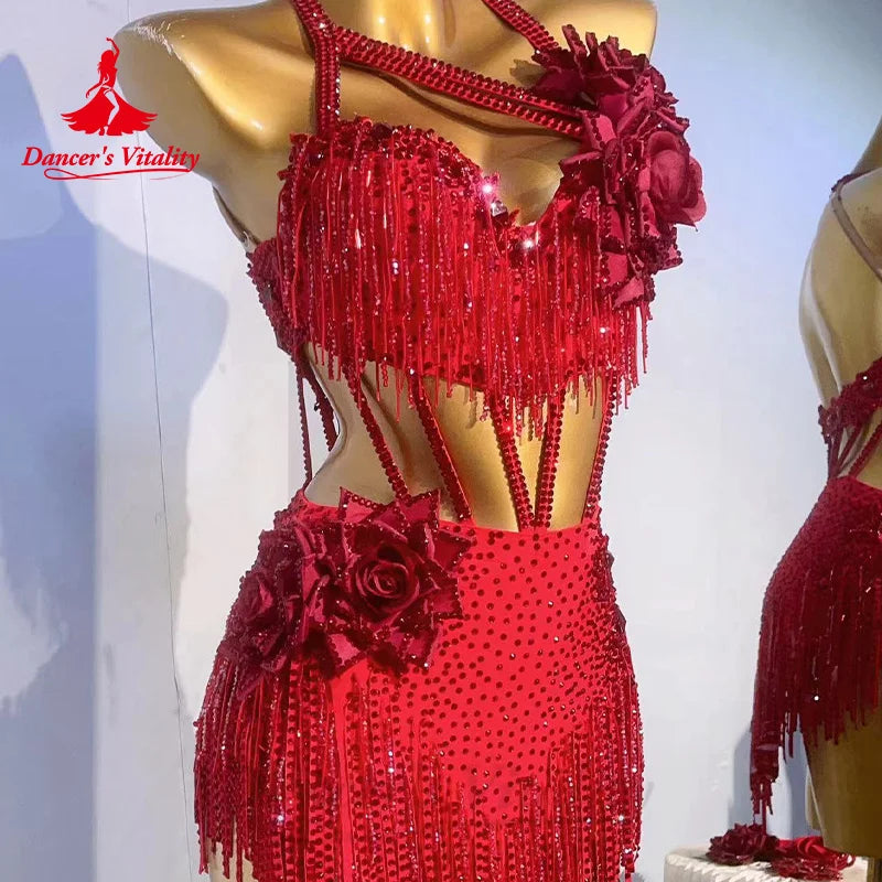 Latin Dance Performance Costumes Senior Rhinestone Fringe Dress Customized Adult Children Tango Chacha Samba Competition Dresses