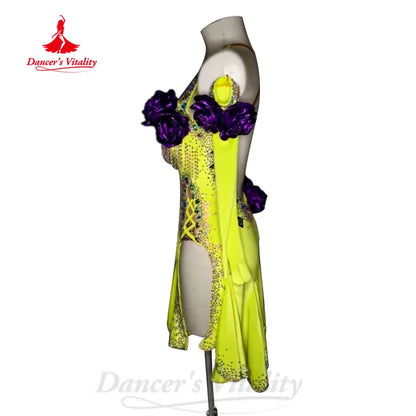 Latin Dance Costume Customized Senior AB Stones Sexy Backless Dress for Adult Children Tango Chacha Samba Performance Clothing