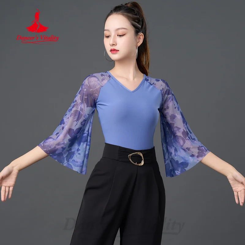 Latin Dancing Social Dance Practice Clothes Customized Printed Flare Sleeves Top Women's Tango Chacha Samba Performance Costume