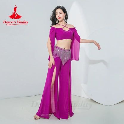 Belly Dance Costume for Women Long Sleeves Top+AB Stones Tassel Pants Oriental Practice Clothing Adult Belly Dancing Outfit