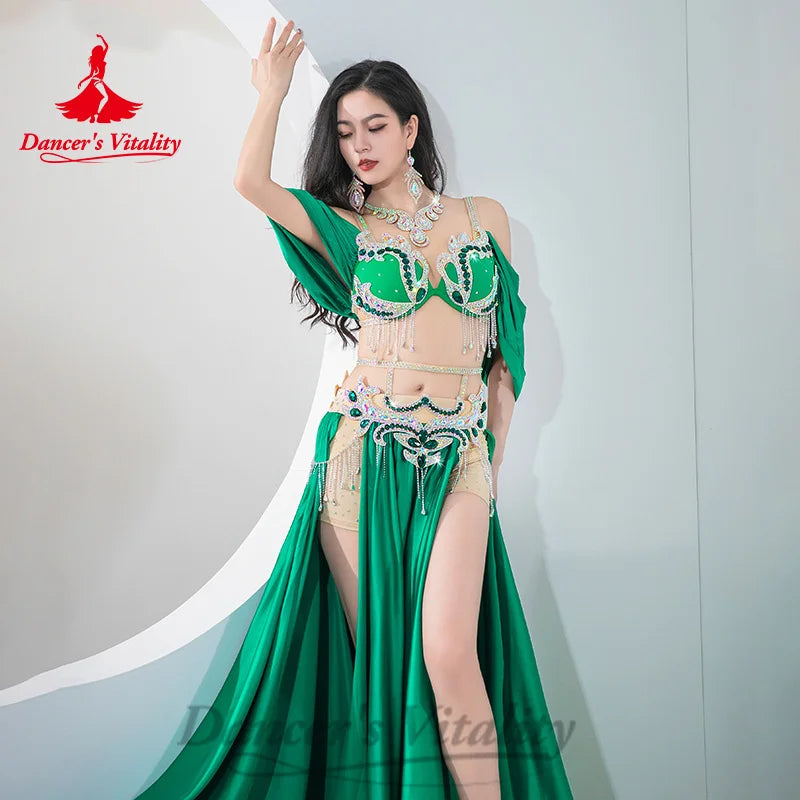 BellyDance Costumes Suit Women's Customized Diamond Tassels Bra+Satin Split Long Skirt 2pcs Oriental Dance Performance Costumes