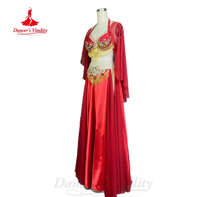 BellyDance Performance Set Customized High End Lens Tassel Bra+Satin Split Long Skirt 2pcs Oriental Dance Competition Clothing