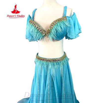 BellyDance Costume Customized Senior AB Stones Feather Bra+Sexy Split Chiffon Long Skirt 2pcs Belly Dance Performance Clothing