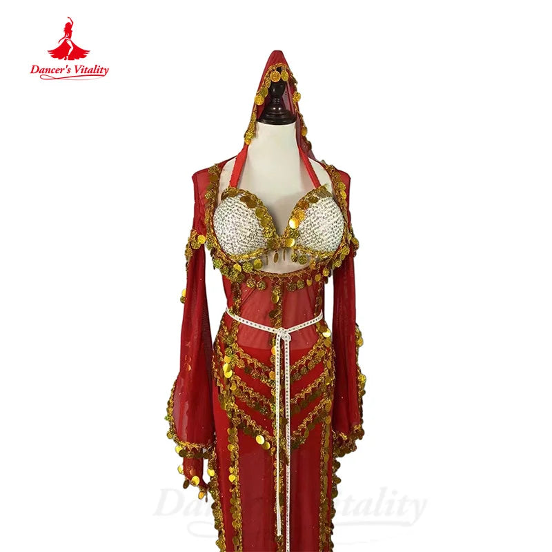 BellyDance Costume Set Customized AB Stones Bra+sequin Trumpet Sleeve Dress+Headscarf 3pcs Oriental Dance Performance Clothing