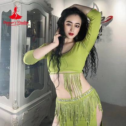 Bellydance Costume Set Customized Comfortable Long Sleeved Top+sexy Split Fringe Skirt 2pcs Oriental Dance Performance Costumes