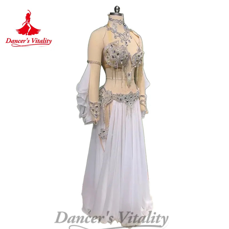 Belly Dance Costume Set Senior Diamond Bra+Chiffon Long Skirt+Hand Sleeves 3ps Oriental Dance Professional Performance Clothing