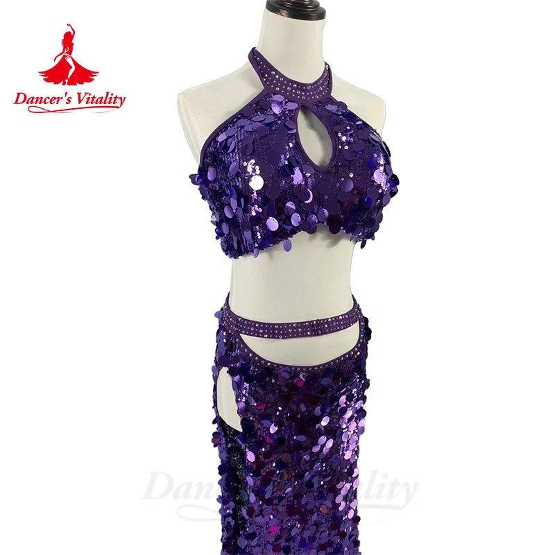 Belly Dance Costume for Women Customsized Big Sequins Top+split Long Skirt 2pcs Customsize Adult Child Oriental Professional Set