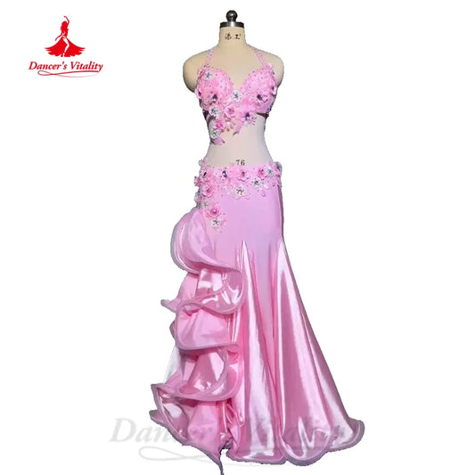 Belly Dancing Outfit Women Customized Exquisite Flowers Bra+Sexy Satin Split Long Skirt 2pcs Oriental Dance Performance Clothing