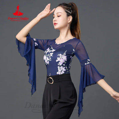 Latin Dance Practice Clothing Women's Customized High End Printed Flare Sleeve Top Chacha Rumba Samba Performance Costume