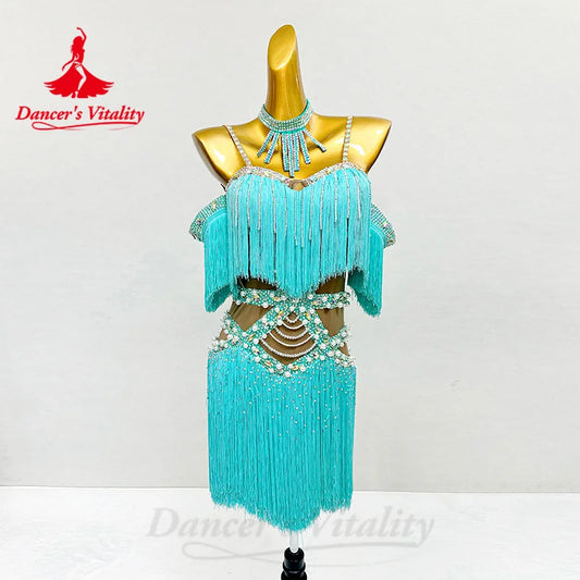 Latin Dance Fringe Dress for Women Seinor AB Stones Rumba Chacha Tango Performance Costume Skirt Adult Child Latin Wear Dress