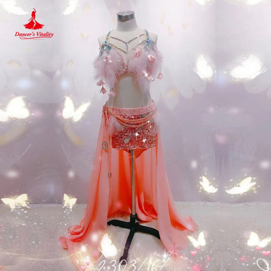 Oriental Belly Dancing Competiton Suits for Adult Children Oriental Bra+short Skirt+long Hip Scarf 3 Customsized Bellydance Suit