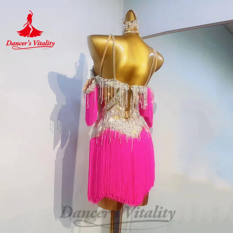 Latin Dance Women Competition Uniform Customized Sexy Backless Sequin Tassel Dress Adult Children Chacha Performance Costume