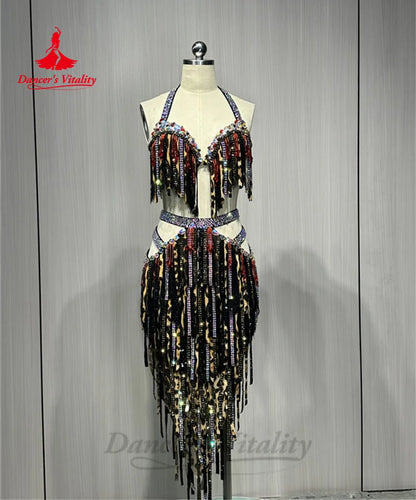 Belly Dance Costume Suit Customsized Women's Tassels Bra+irregular Long Skirt Oriental Dance Professional Performance Clothing