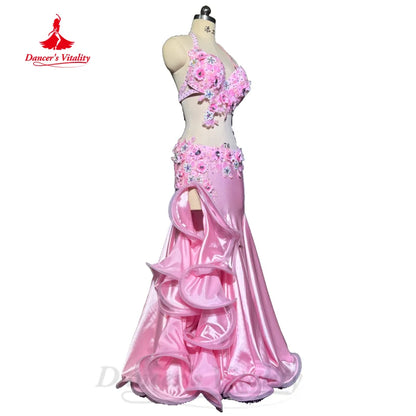 Belly Dancing Outfit Women Customized Exquisite Flowers Bra+Sexy Satin Split Long Skirt 2pcs Oriental Dance Performance Clothing