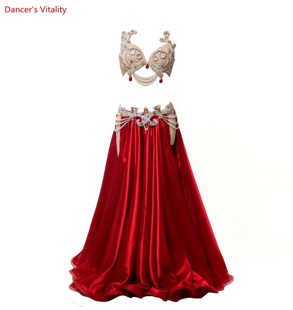Belly Dance Competiton Costume Suit for Women Custuomized Bra+belt+satin Long Skirt 3pcs Oriental Belly Dancing Stage Wear