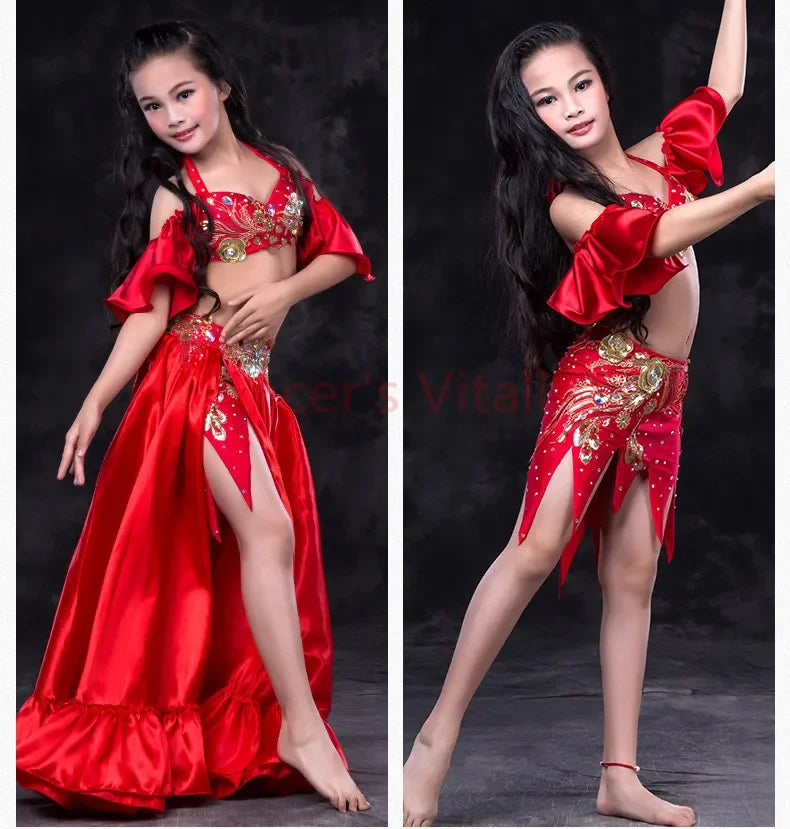 Girls belly dance clothes kids luxury belly dance suit girls top+short skirt+undewear+long skirt 4pcs kids belly dance set S,ML