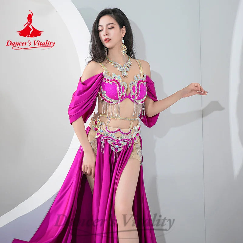 BellyDance Costumes Suit Women's Customized Diamond Tassels Bra+Satin Split Long Skirt 2pcs Oriental Dance Performance Costumes