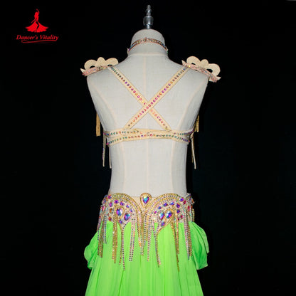 Belly Dance Costume Suit Women Customsized AB Stones Bra+belt+accessories+chiffon Long Skirt 4pcs Female Belly Dancing Outfit