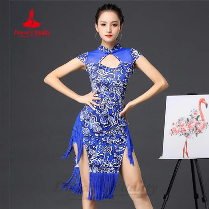 Latin Dance Performance Costumes for Women's Customized High End Printed Tassel Dress Tango Chacha Samba Competition Dresses