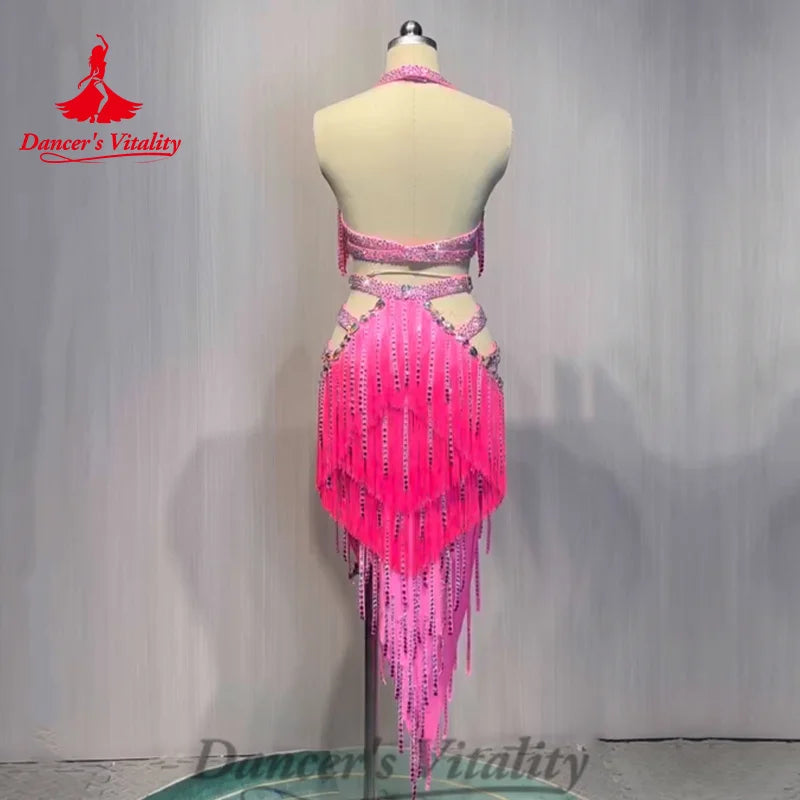 BellyDance Costume Set Women's Customized AB Stones Bra+tassels Long Skirt 2pcs Oriental Dance Professional Performance Clothing