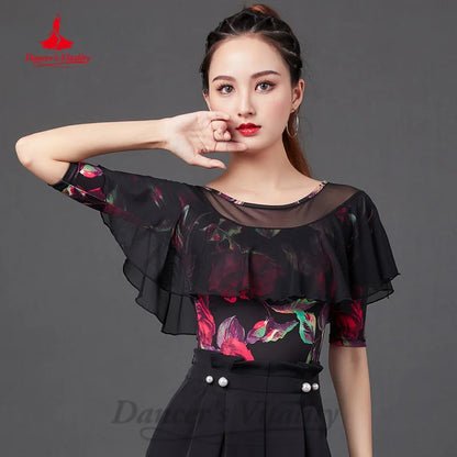 New Latin Dance Practice Clothing Customized Rose Print Half Sleeve Top Tango Chacha Samba Professional Performance Costumes