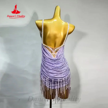 Latin Dance Professional Performance Clothing Customized High End Luxury Full Diamond Tassel Dress Women's Competition Clothing