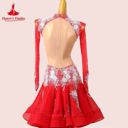 Latin Dance Dress for Women Spandex Long Sleeves Flowers Rumba Chacha Tango Performance Skirt Custom Adult Child Latin Dresses