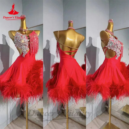 Latin Dance Performance Dress for Women AB Stones Feather Rumba Chacha Tango Competiton Skirt Adult Child Latin Dancing Skirts