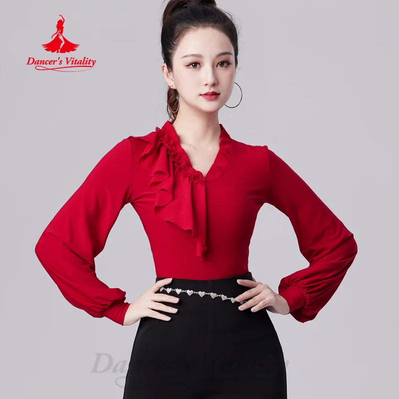 Latin Dance Tops Customized V-neck Long Sleeved Top Women Tango Chacha Samba Performance Costume Social Dance Training Clothing