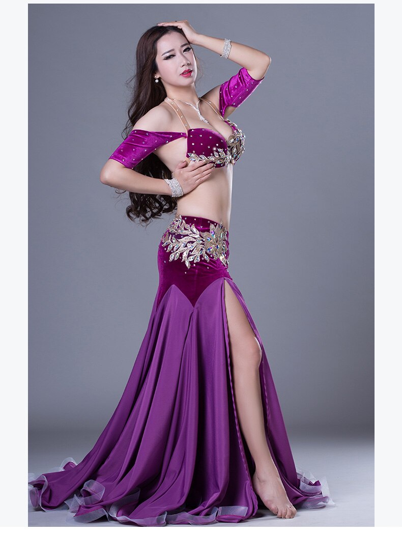 Belly Dance Competiton Costume Senior Velvet Bra+split Long Skirt 2pcs for Women Oriental Belly Dancing Performance Clothing