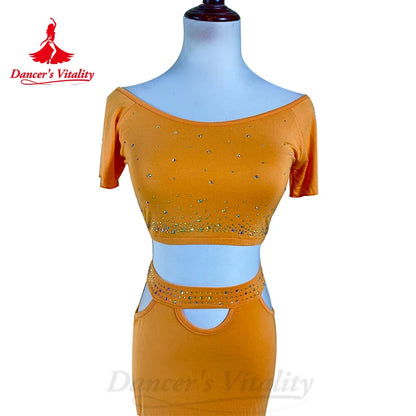 BellyDance Costume Customized Rhinestone Short Sleeved Top+Sexy Hip Wrap Long Skirt 2pcs Oriental Dance Performance Costumes