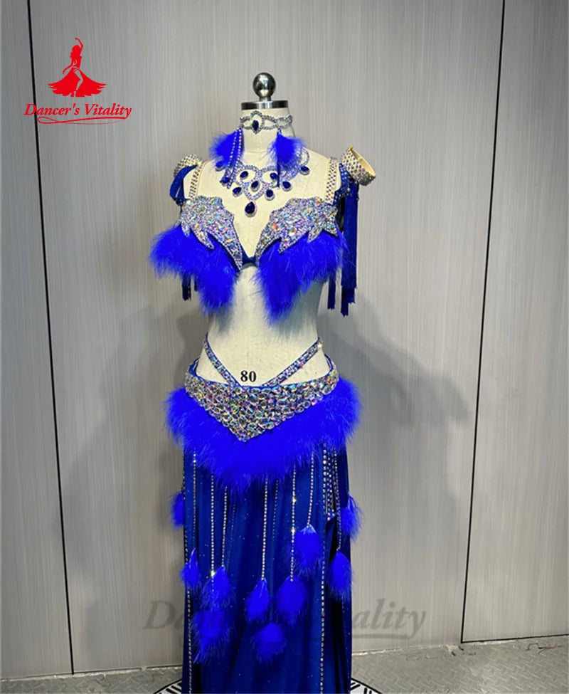 Bellydance Clothing Women's Customized Diamond Bra+feathers Tassels Skirt Set Oriental Dance Professional Performance Clothing