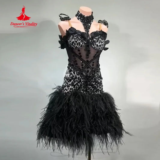 Latin Dancing Performance Clothing Customized Senior Luxury AB Stones Feather Dress Adult Children Chacha Competition Dresses