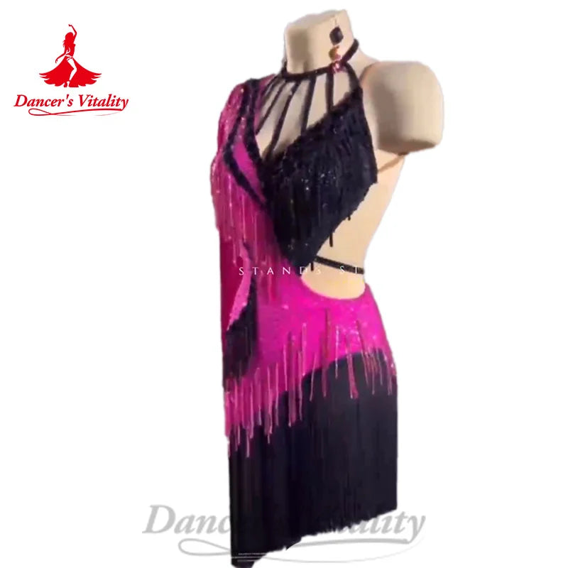 Latin Dance Costume Light Luxury Rhinestone Tassel Dress Women's Customized Chacha Tango Samba Professional Performance Costumes