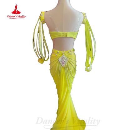 Belly Dancer Costume Suit Women Customsized Senior AB Stones Bra+sleeves+Fishtail Skirt 3pcs Girl's Oriental belly Dancing Suit