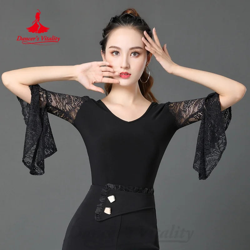 Latin Dance Clothing Women's Customized Black Sexy Lace Flare Sleeves Top Tango Rumba Chacha Professional Practice Clothing