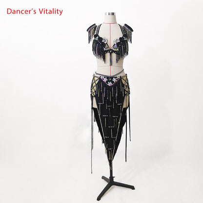 Belly Dance Competition Outfits Customized Bra Diamond Tassel Skirt Set Oriental Indian Drum Dancing Stage Performance Costume