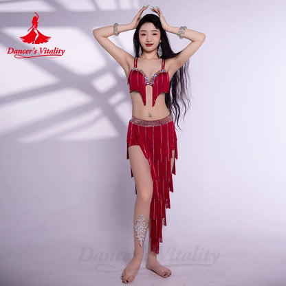 Belly Dance Performance Costume Set for Women Senior Bra+2 Sleeves+long Skirt 3pcs Custom Oriental Belly Dancing Wear Outfit