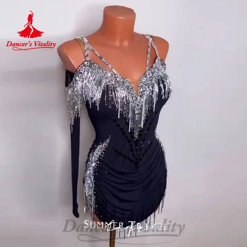 Latin Dance Costumes Customized Long Sleeved Rhinestone Tassel Dress Women's Tango Chacha Samba Professional Performance Costume