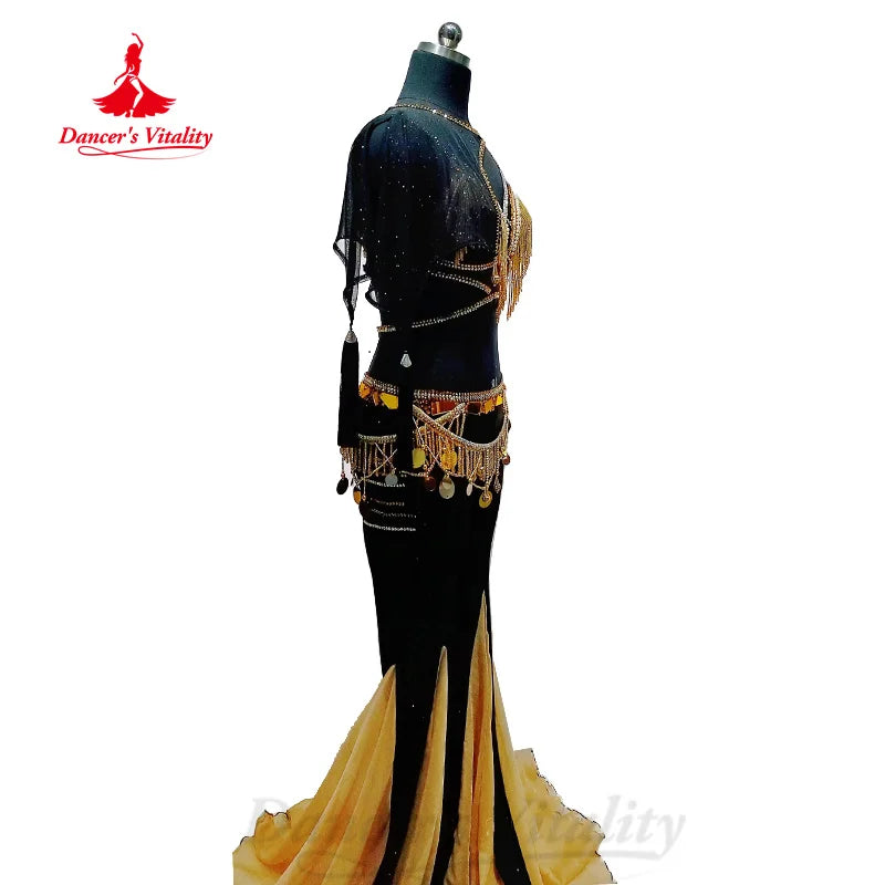 BellyDance Costume Women Customized Diamond Tassel Bra+Sexy Tight Horn Pants 2pcs Belly Dance Professional Performance Costumes