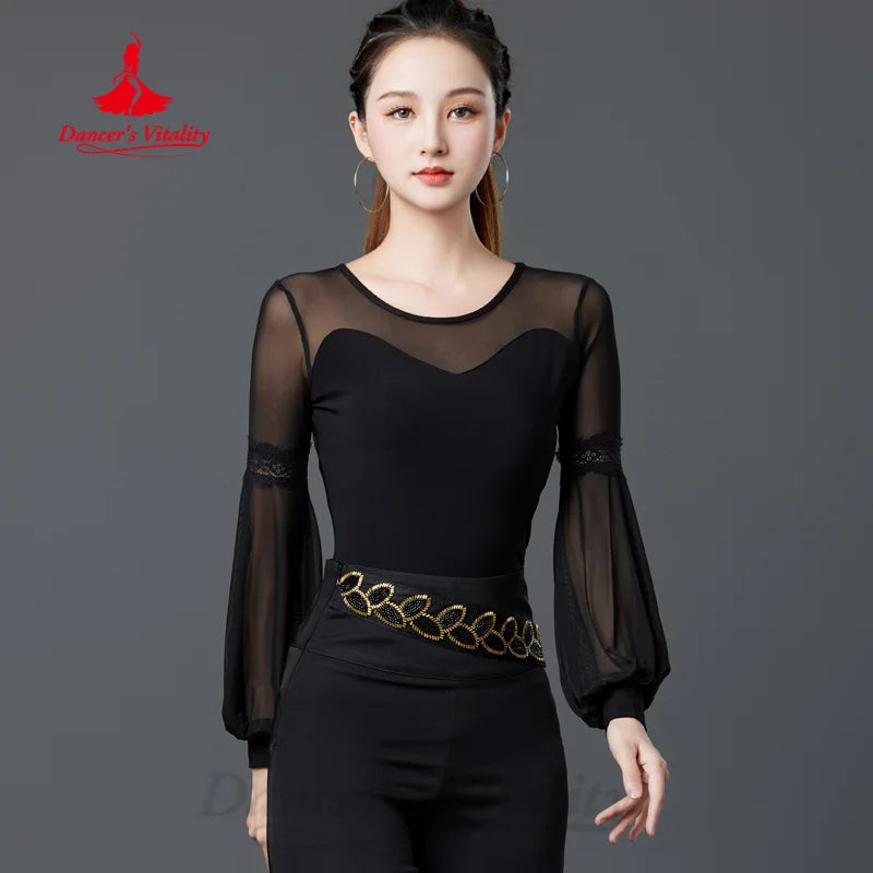 Latin Dancing Clothing Women's Customized Long Sleeved Comfortable and Breathable Top Adult Tango Chacha Samba Practice Clothes