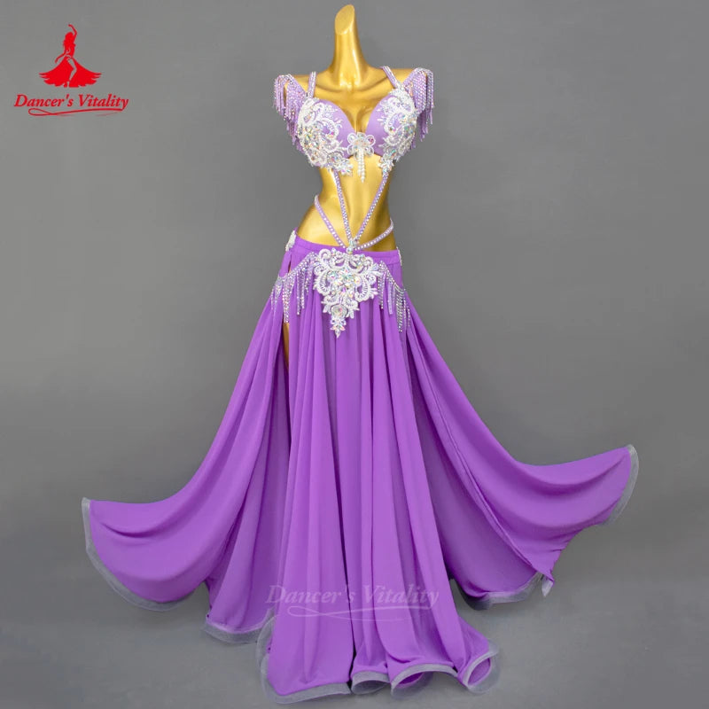 Belly Dance Performance Set Exquisite Pearl Bra+Tassel Chiffon Long Skirt 2pcs Adult Women's Oriental Dance Competition Costumes