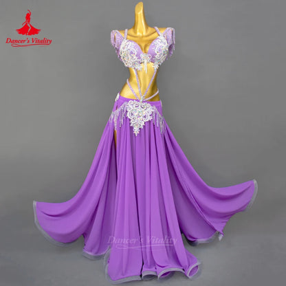Belly Dance Performance Set Exquisite Pearl Bra+Tassel Chiffon Long Skirt 2pcs Adult Women's Oriental Dance Competition Costumes